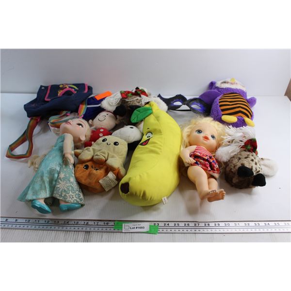 (7) Assorted Plush Toys, Dora Bag, (2) Dolls, Face Mask and Toy Gun