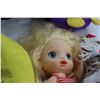 Image 7 : (7) Assorted Plush Toys, Dora Bag, (2) Dolls, Face Mask and Toy Gun