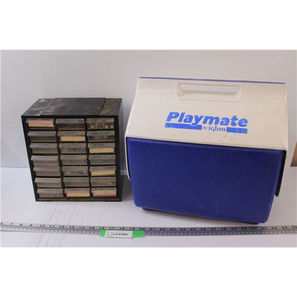 Shop Hardware Organizer w/ Contents & Igloo Cooler (Locking Mechanism Broken)