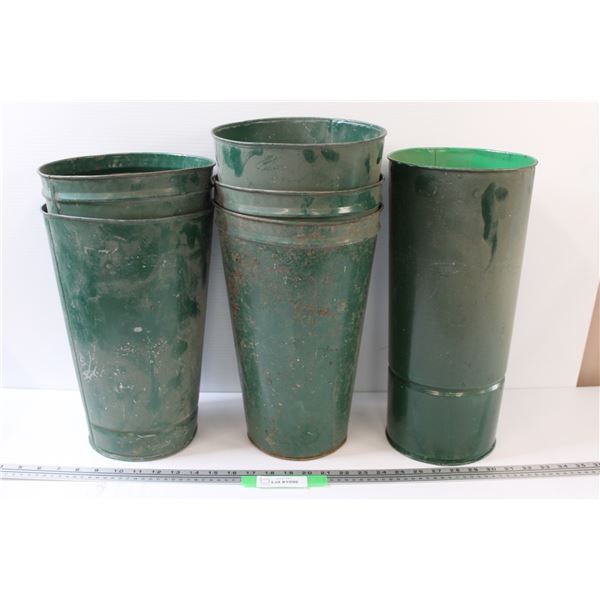 (6) Green Metal Planters - 16" & 14" Tall - Some Wear