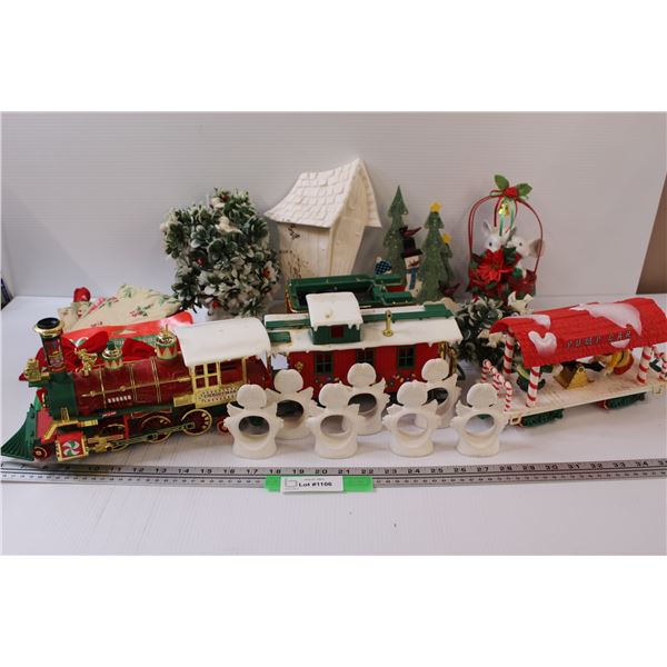 Christmas Lot: Train, Floral Displays, Angel Napkin Holders, Bows, Mice, Misc.