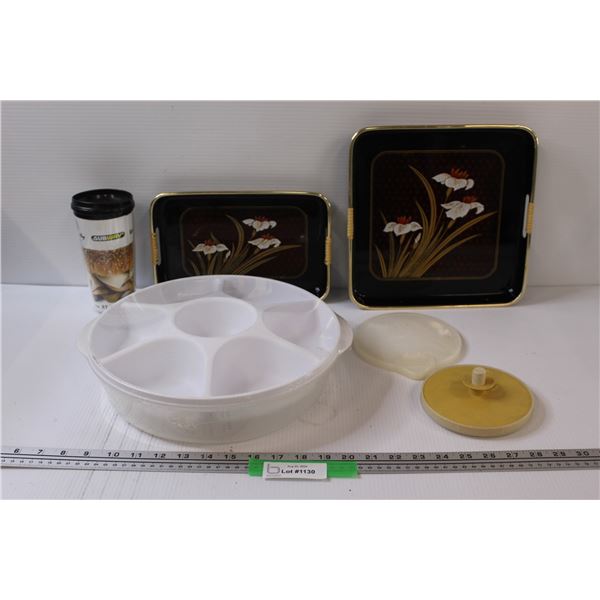 (2) Asian Plastic Serving Trays, White Sectioned Serving Tray w/Lid, (2) Tupperware Lids, Subway Tra