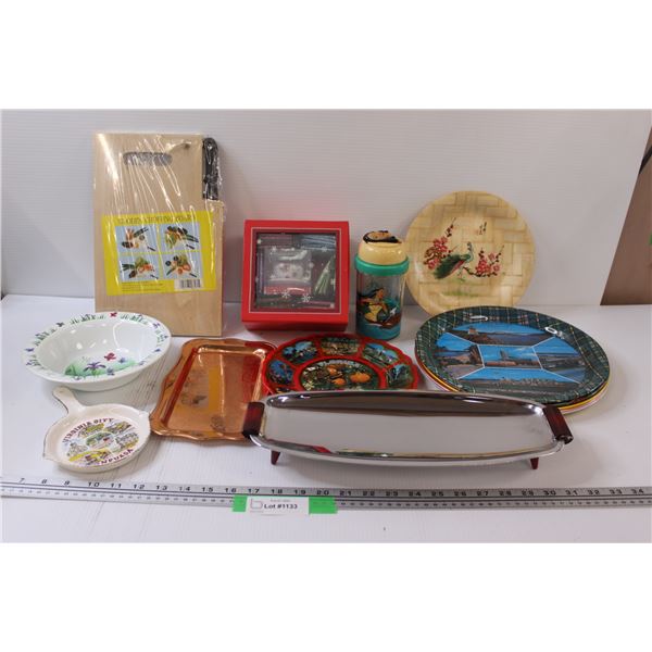 Kitchen Lot: Wooden Chopping Board, Serving Trays, Tea Set, Vintage Metal Serving Tray, Misc.