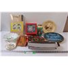 Image 1 : Kitchen Lot: Wooden Chopping Board, Serving Trays, Tea Set, Vintage Metal Serving Tray, Misc.