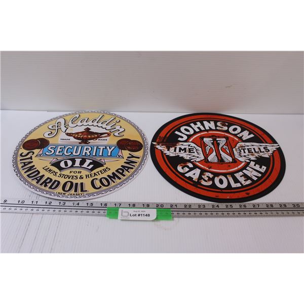 (2) Metal Signs: Aladdin Lamp Co. & Johnson Gasoline