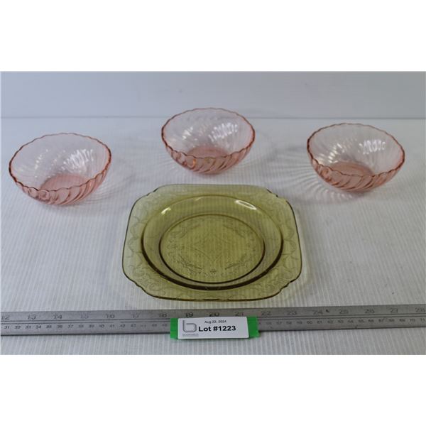 Yellow Depression Glass Plate - (3) Pink Glass Dessert Bowls