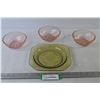 Image 1 : Yellow Depression Glass Plate - (3) Pink Glass Dessert Bowls