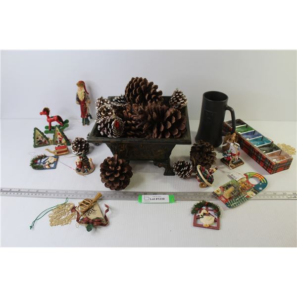 Metal Planter - Acorns - Christmas Hanging Ornaments - (6) Colored Small Glasses - Playboy Glass