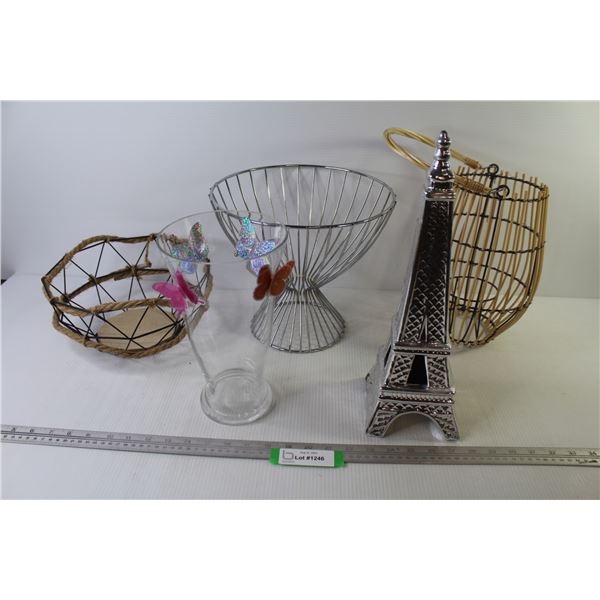 (3) Wire Baskets - Glass Vase - Ceramic Eiffel Tower
