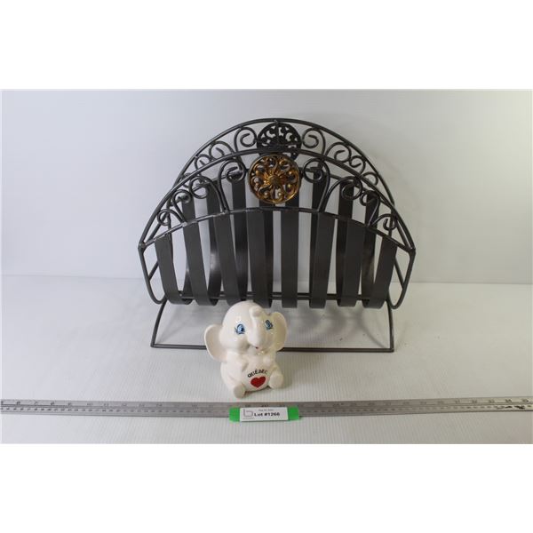 Ceramic Elephant Coin Bank - Metal Magazine Holder