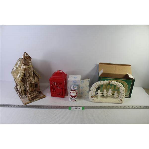 Bark Folk Art Church - Ceramic Holiday Figurine Swing - Plastic Battery Candle - Santa Ornament