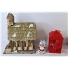 Image 4 : Bark Folk Art Church - Ceramic Holiday Figurine Swing - Plastic Battery Candle - Santa Ornament