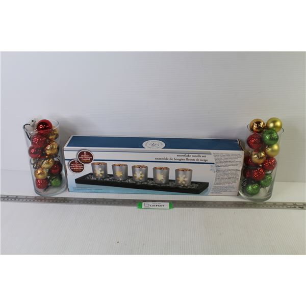 Snowflake 5 Candle Set (NIB) - (2) Glass Vases w/Lights & Ornaments