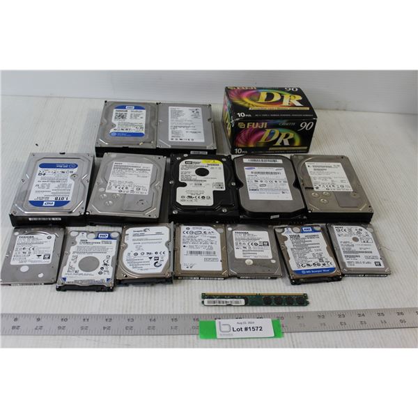 (7) Assorted Hard Drives, (7) Assorted Drives, Fuji Cassette 90 DR 10 Pieces, Transcend 2GB Memory S