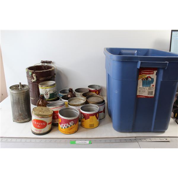 Tote With No Lid, Assorted Tobacco Tins, (2) Glass Beer Bottles, Wooden Bucket, Vintage Ice Cream Ma