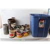 Image 1 : Tote With No Lid, Assorted Tobacco Tins, (2) Glass Beer Bottles, Wooden Bucket, Vintage Ice Cream Ma