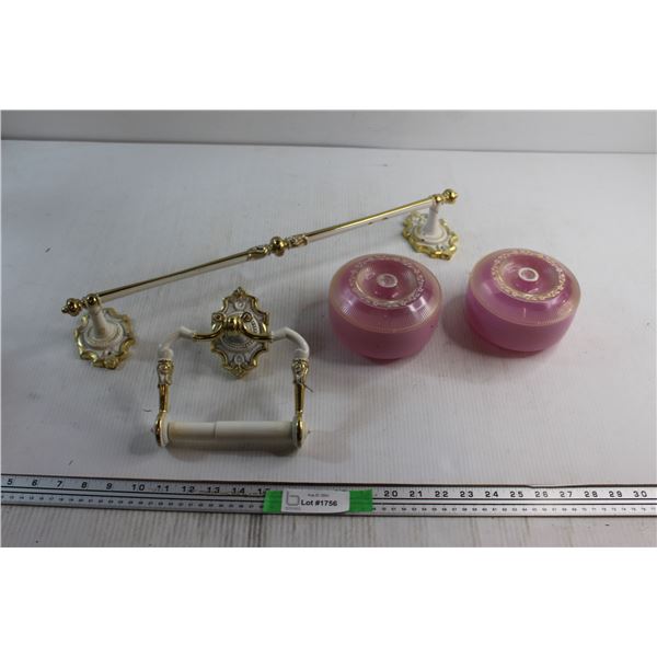 (2) Persian Lilac Dust Containers, Toilet Paper and Towel Hangers