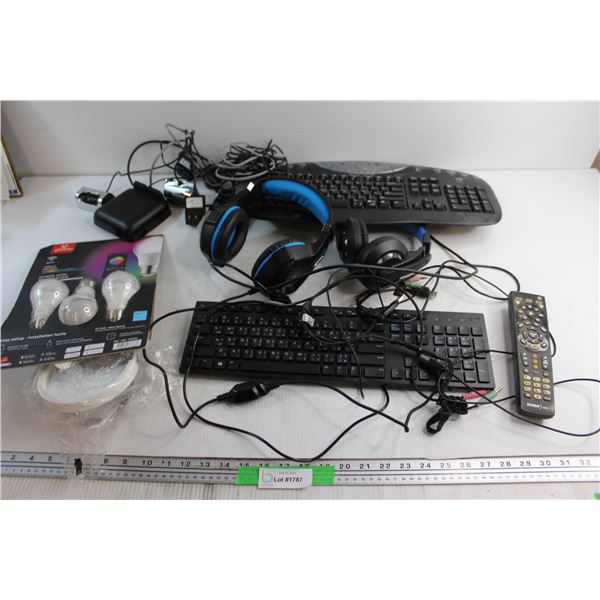 *(2) Keyboards, (2) Headsets, Tunable White Lightbulbs and Assorted Items