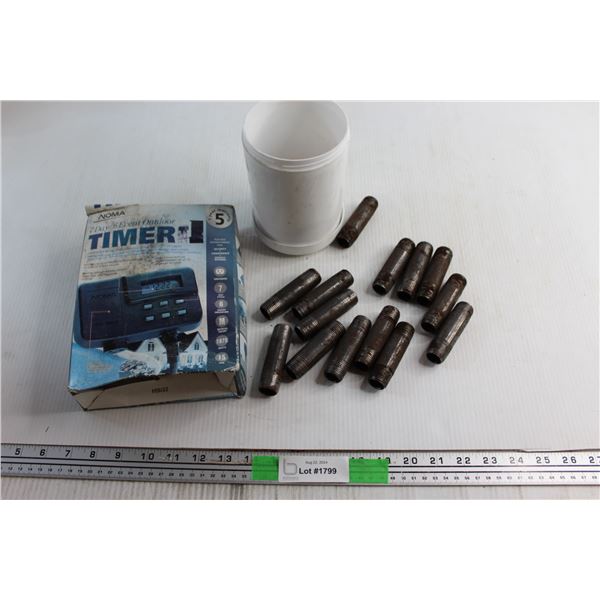 (14) Threaded Gas Pipes. Assorted Electrical Clamps and Noma Timer