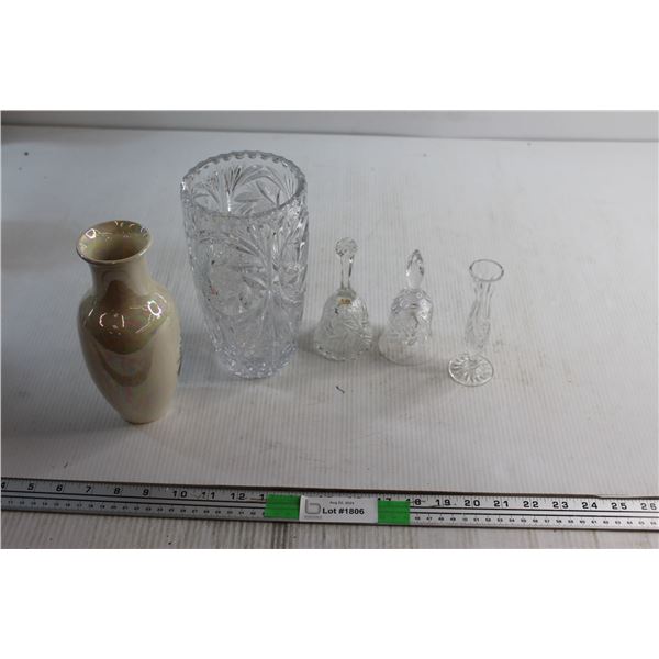 (3) Assorted Glass Vases and (2) Bells