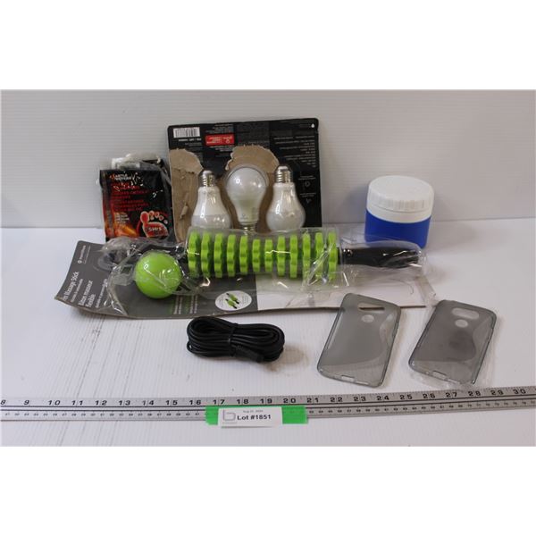 Lot: Back Massager, Lightbulbs, Thermos, (2) Cell Phone Protectors, Cable, Toe Warmers
