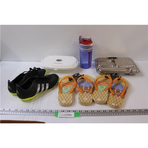 Metal Bento Box, (2) Kids Sandals (Size 2 & 3), Adidas Size 4.5 Running Shoes & Contigo Water Bottle