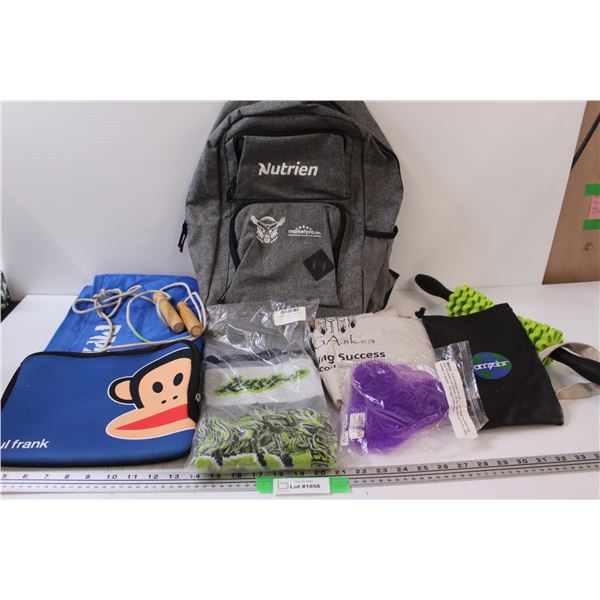 Lot: Nutrien Backpack, Rush Scarf, Massager, Apron, Skipping Rope, Misc.