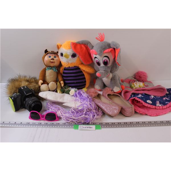 Lot: Girls Shoes Size 33Euro, (3) Stuffies, Toy Camera, Toque, Sunglasses, Misc.