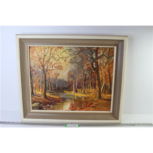 Signed Vintage Framed Oil & Acrylic Painting - Fall Leaves (24.5" x 20.5)