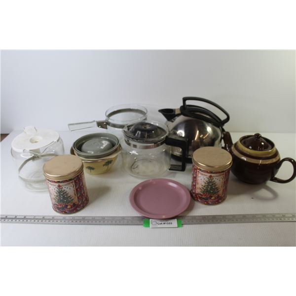 Electric Kettle - Coffee Pots - (2) Christmas Tins - Misc. Items