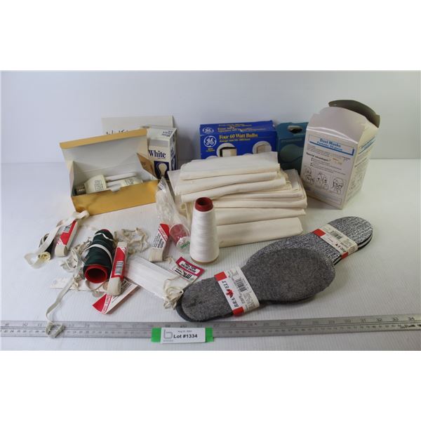 Dust Masks - Assorted Light Bulbs - Sewing Items - Boot Insoles - Cloths