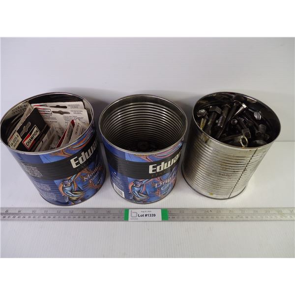 (3) Coffee Tins of Nuts/Bolts, Washers and (9) Pkgs. of Spark Plugs