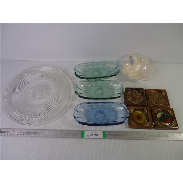 Footed Cake Plate (3) Candy Dishes, Trinket Dish and (4) Coasters
