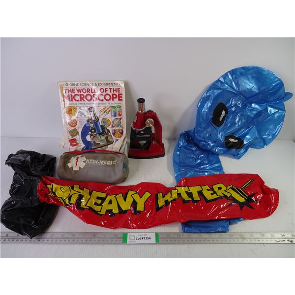 Toy Microscope, and Book, First Aid Kit and (2) Inflatables