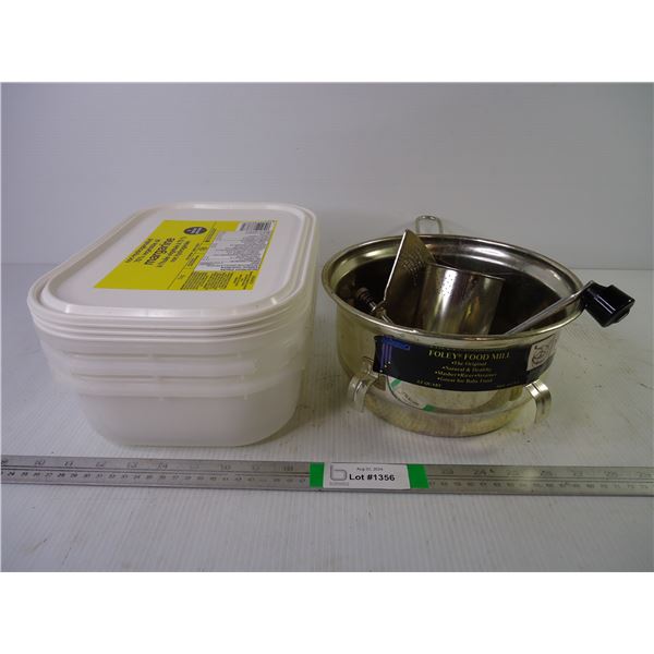 Foley Food Mill and (3) Large Plastic Margarine Containers