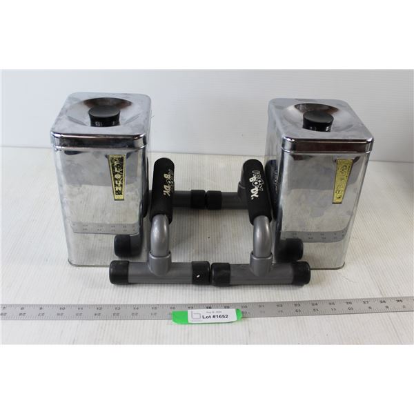 Sugar Metal Tin Container, Flour Metal Tin Container, (2) Iron Body Push-up Bars