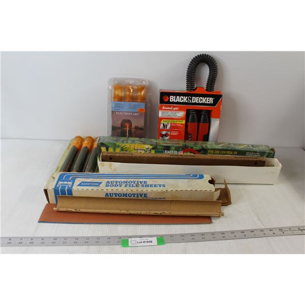 (2) Packs Of Electric 3 Electric Flares, Black and Decker Snake Light, Weed Ex, Norton Automotive Bo