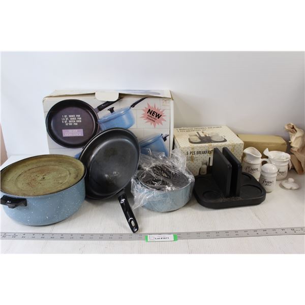 Seven Piece Non Stick Cooking Set, 5 Piece Breakfast Set - Missing Salt Shaker