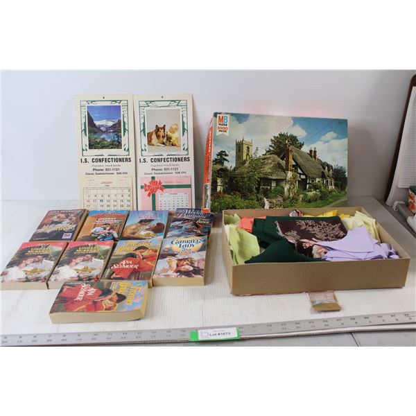 (2) Calendars, Assorted Pieces Of Cloth, (9) Romance Books