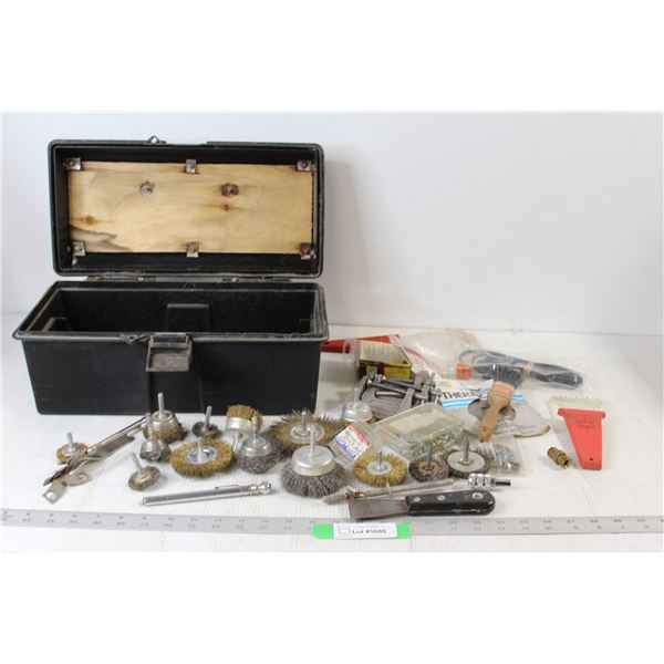 Black Toolbox, Assorted Wire Brushes, Metal Scraper, Metal Clamps, Assorted Cleaning and Garage Equi