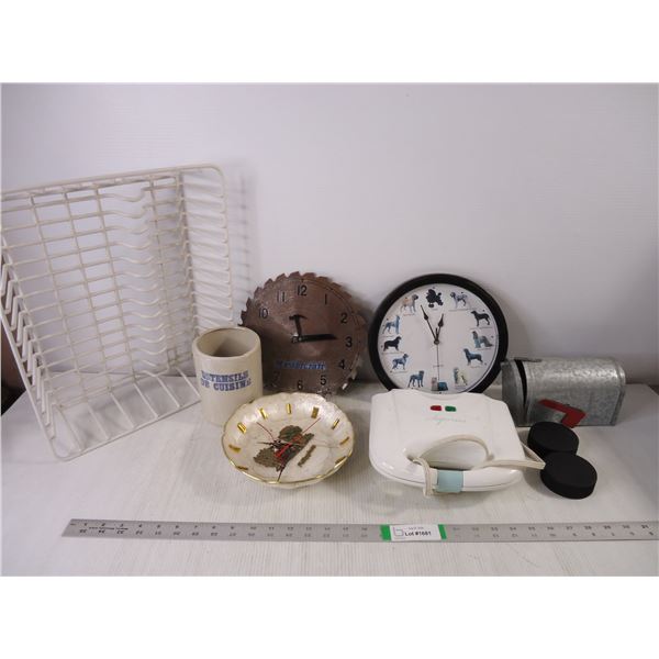 (3) Clocks (as is),Sandwich Toaster(untested),Small Mailbox, Dish Rack (2) Pucks