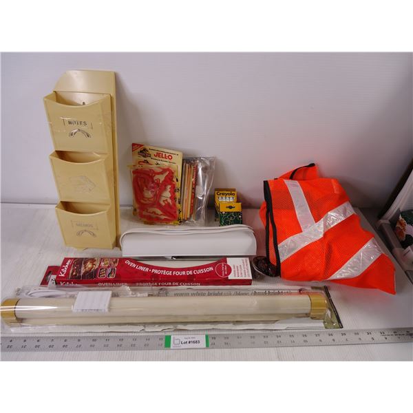 (2) Under cabinet lights, kitchen items, crayons, safety vest and oven liners