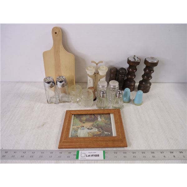 (7) Sets of Salt/Peppers, Small Cutting Board, Picture and misc.