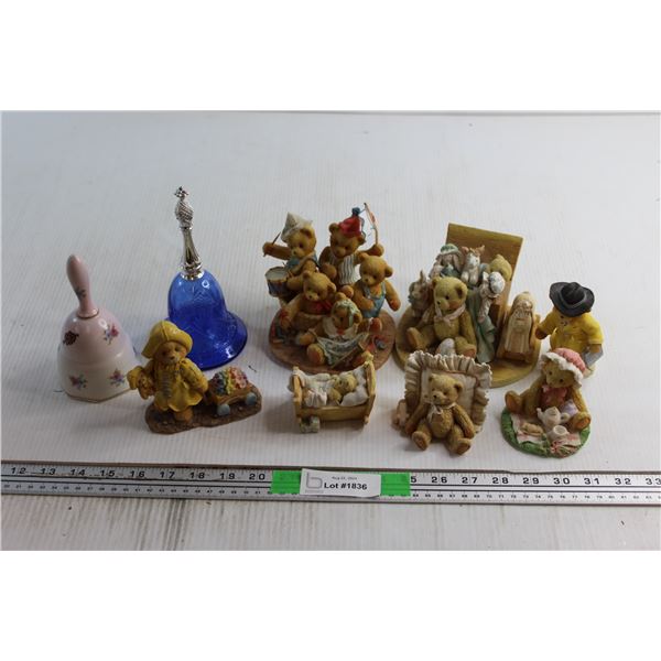 (2) Bells and (7) Assorted Ceramic Bear Decorations