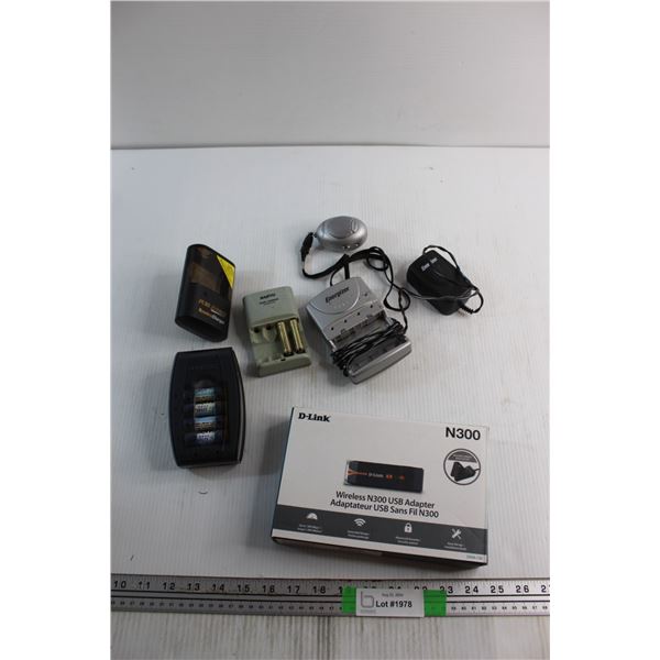 (4) Battery Chargers and D Link Wireless N300 USB Adapter - Untested