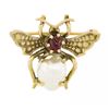 Image 1 : Estate 14K Gold Red Spinel & Baroque Pearl Detailed Fly Bee Insect Pin Brooch
