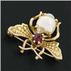 Image 2 : Estate 14K Gold Red Spinel & Baroque Pearl Detailed Fly Bee Insect Pin Brooch