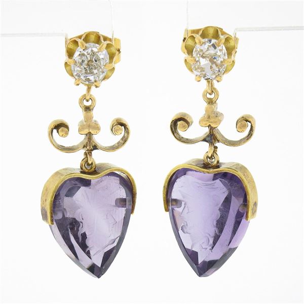 Antique Victorian 14K Gold Old MIne Diamond Carved Amethyst Heart Drop Earrings