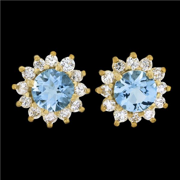 14k Yellow Gold 2.1 ctw Round Aquamarine Diamond Halo Cluster Flower Stud Earrin