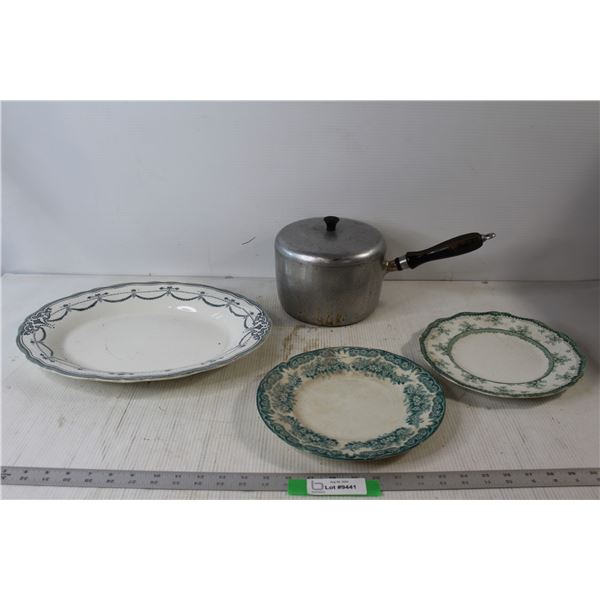 (2) Plates - Semi-Porcelain Daisy, Hamilton, Pot With Lid, Carlton Big Tray Serving Dish